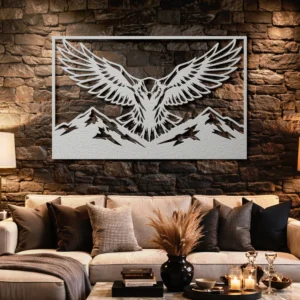 Eagle Wings Mountain Scene Metal Art, Oversized Rustic Wildlife Decor, Optional RGB LED, Lodge Cabin Gift