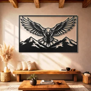 Eagle Wings Mountain Scene Metal Art, Oversized Rustic Wildlife Decor, Optional RGB LED, Lodge Cabin Gift