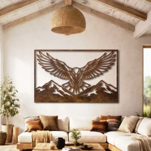 Eagle Wings Mountain Scene Metal Art, Oversized Rustic Wildlife Decor, Optional RGB LED, Lodge Cabin Gift