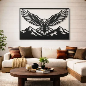 Eagle Wings Mountain Scene Metal Art, Oversized Rustic Wildlife Decor, Optional RGB LED, Lodge Cabin Gift