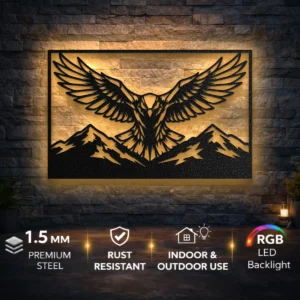 Eagle Wings Mountain Scene Metal Art, Oversized Rustic Wildlife Decor, Optional RGB LED, Lodge Cabin Gift