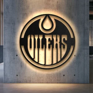 Black metal Edmonton Oilers logo wall art with bright LED backlighting.