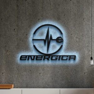 Black metal Energica logo wall art with blue LED backlighting.