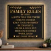 Large Family Rules metal sign in a rustic finish.