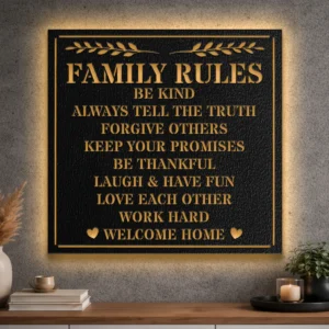 Large Family Rules metal sign in a rustic finish