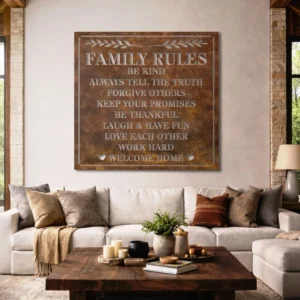 Family Rules Metal Sign, Oversized Rustic Farmhouse Decor, Optional LED Backlight, Housewarming Gift