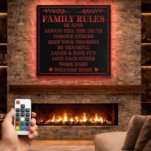 Family Rules Metal Sign, Oversized Rustic Farmhouse Decor, Optional LED Backlight, Housewarming Gift