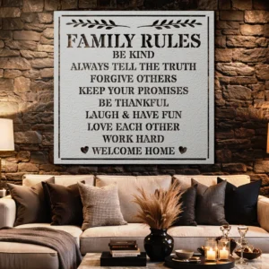 Family Rules Metal Sign, Oversized Rustic Farmhouse Decor, Optional LED Backlight, Housewarming Gift