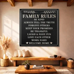 Family Rules Metal Sign, Oversized Rustic Farmhouse Decor, Optional LED Backlight, Housewarming Gift