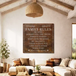 Family Rules Metal Sign, Oversized Rustic Farmhouse Decor, Optional LED Backlight, Housewarming Gift