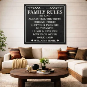 Family Rules Metal Sign, Oversized Rustic Farmhouse Decor, Optional LED Backlight, Housewarming Gift