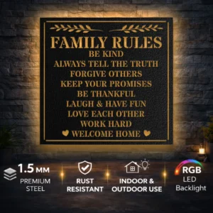 Family Rules Metal Sign, Oversized Rustic Farmhouse Decor, Optional LED Backlight, Housewarming Gift