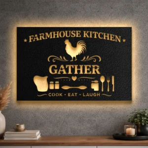 A large farmhouse kitchen gather metal sign with optional LED backlight.