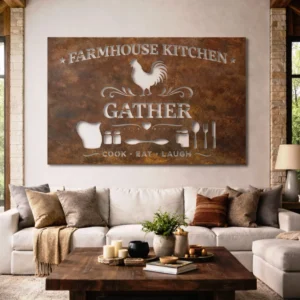 Farmhouse Kitchen Gather Metal Sign, Oversized Rustic Wall Art, Optional LED Backlight, Housewarming Gift