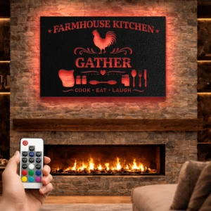 Farmhouse Kitchen Gather Metal Sign, Oversized Rustic Wall Art, Optional LED Backlight, Housewarming Gift