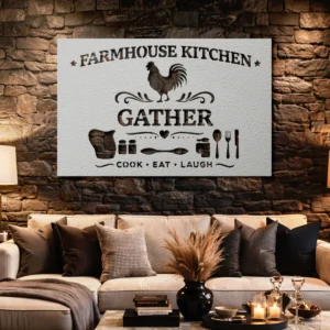 Farmhouse Kitchen Gather Metal Sign, Oversized Rustic Wall Art, Optional LED Backlight, Housewarming Gift