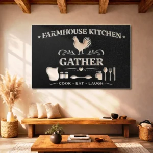 Farmhouse Kitchen Gather Metal Sign, Oversized Rustic Wall Art, Optional LED Backlight, Housewarming Gift