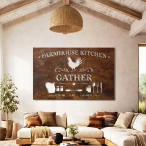 Farmhouse Kitchen Gather Metal Sign, Oversized Rustic Wall Art, Optional LED Backlight, Housewarming Gift
