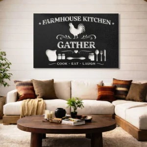 Farmhouse Kitchen Gather Metal Sign, Oversized Rustic Wall Art, Optional LED Backlight, Housewarming Gift
