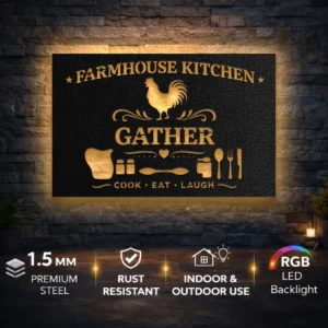 Farmhouse Kitchen Gather Metal Sign, Oversized Rustic Wall Art, Optional LED Backlight, Housewarming Gift