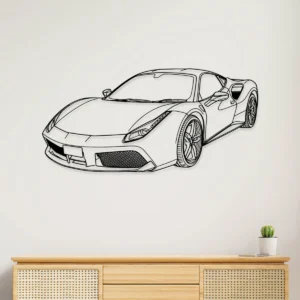 Black metal outline art of a Ferrari 488 GTB for wall decor