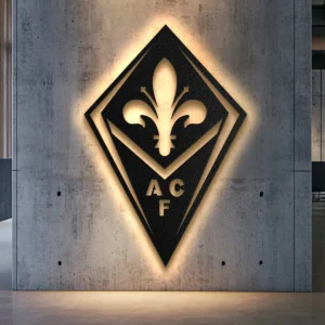 Black metal Fiorentina football club logo wall art with LED backlighting.