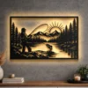 Large metal wall art depicting a fisherman catching a fish in a rustic forest lake scene.