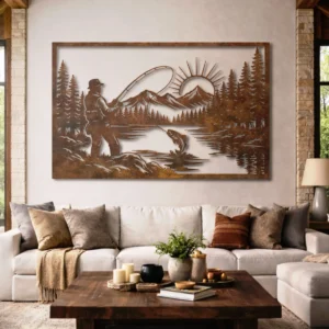Fisherman by the River Metal Wall Art, Oversized Rustic Cabin Decor, Forest Lake Scene, Optional RGB LED, Angler Gift