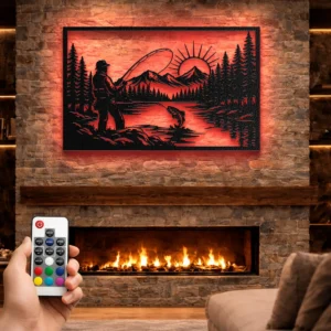 Fisherman by the River Metal Wall Art, Oversized Rustic Cabin Decor, Forest Lake Scene, Optional RGB LED, Angler Gift