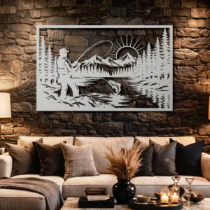 Fisherman by the River Metal Wall Art, Oversized Rustic Cabin Decor, Forest Lake Scene, Optional RGB LED, Angler Gift