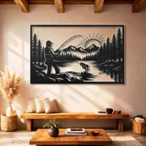 Fisherman by the River Metal Wall Art, Oversized Rustic Cabin Decor, Forest Lake Scene, Optional RGB LED, Angler Gift