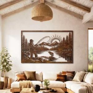 Fisherman by the River Metal Wall Art, Oversized Rustic Cabin Decor, Forest Lake Scene, Optional RGB LED, Angler Gift