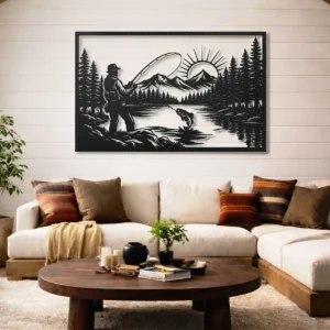 Fisherman by the River Metal Wall Art, Oversized Rustic Cabin Decor, Forest Lake Scene, Optional RGB LED, Angler Gift