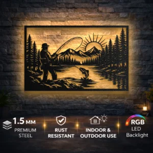 Fisherman by the River Metal Wall Art, Oversized Rustic Cabin Decor, Forest Lake Scene, Optional RGB LED, Angler Gift