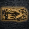 Oversized metal wall art depicting a fisherman catching a jumping fish in a rustic mountain lake scene.