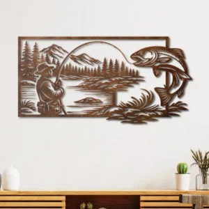 Fishing and Jumping Fish Metal Wall Art, Oversized Rustic Mountain Lake Decor, Optional RGB LED, Fisherman Gift