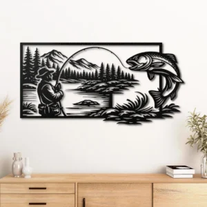 Fishing and Jumping Fish Metal Wall Art, Oversized Rustic Mountain Lake Decor, Optional RGB LED, Fisherman Gift