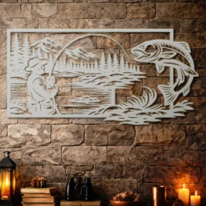 Fishing and Jumping Fish Metal Wall Art, Oversized Rustic Mountain Lake Decor, Optional RGB LED, Fisherman Gift