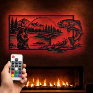 Fishing and Jumping Fish Metal Wall Art, Oversized Rustic Mountain Lake Decor, Optional RGB LED, Fisherman Gift