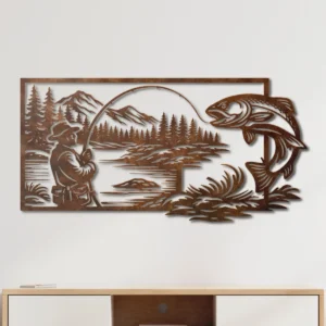 Fishing and Jumping Fish Metal Wall Art, Oversized Rustic Mountain Lake Decor, Optional RGB LED, Fisherman Gift