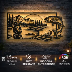 Fishing and Jumping Fish Metal Wall Art, Oversized Rustic Mountain Lake Decor, Optional RGB LED, Fisherman Gift