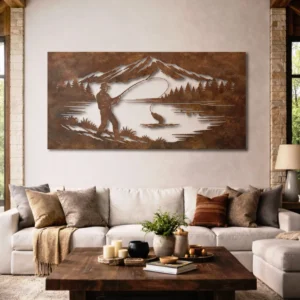 Fishing by Mountain Lake Metal Wall Art, Oversized Rustic Cabin Decor, Optional RGB LED, Fisherman Gift