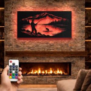 Fishing by Mountain Lake Metal Wall Art, Oversized Rustic Cabin Decor, Optional RGB LED, Fisherman Gift