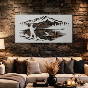 Fishing by Mountain Lake Metal Wall Art, Oversized Rustic Cabin Decor, Optional RGB LED, Fisherman Gift