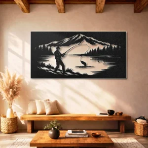 Fishing by Mountain Lake Metal Wall Art, Oversized Rustic Cabin Decor, Optional RGB LED, Fisherman Gift