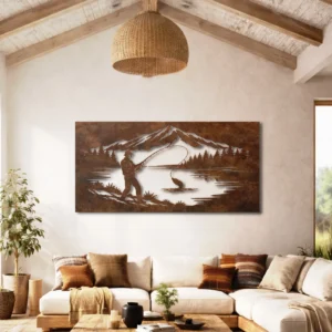 Fishing by Mountain Lake Metal Wall Art, Oversized Rustic Cabin Decor, Optional RGB LED, Fisherman Gift