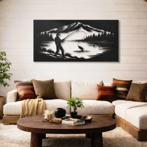 Fishing by Mountain Lake Metal Wall Art, Oversized Rustic Cabin Decor, Optional RGB LED, Fisherman Gift