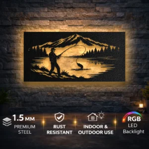 Fishing by Mountain Lake Metal Wall Art, Oversized Rustic Cabin Decor, Optional RGB LED, Fisherman Gift