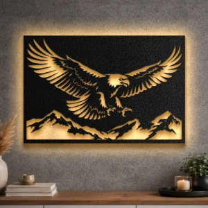 Oversized rustic metal wall art featuring a flying eagle over mountains