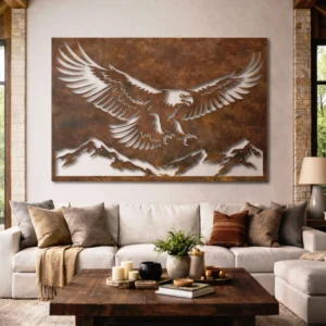 Flying Eagle Mountain Scene Metal Wall Art, Oversized Rustic Wildlife Decor, Optional RGB LED, Outdoor Lover Gift